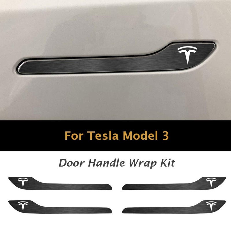 IPG for Tesla Model 3 / Model Y Door Handle Decal Sticker Wrap Kit (Set of 4) with Tesla Logo (Midnight Silver Brushed Aluminum) - Image 2